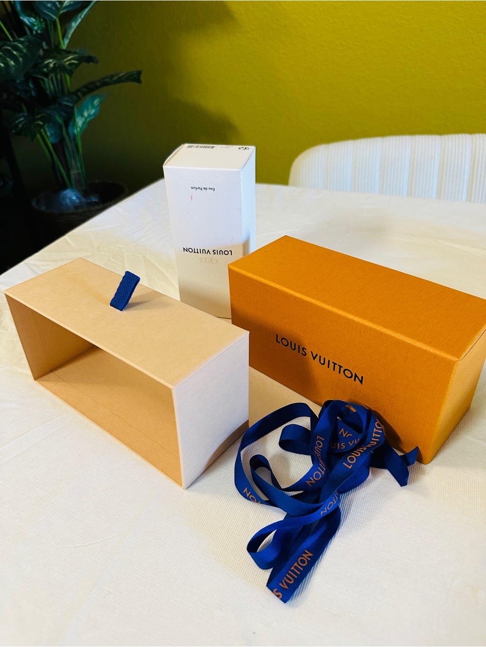 Louis Vuitton Orange Box with Blue Ribbon and perfume box